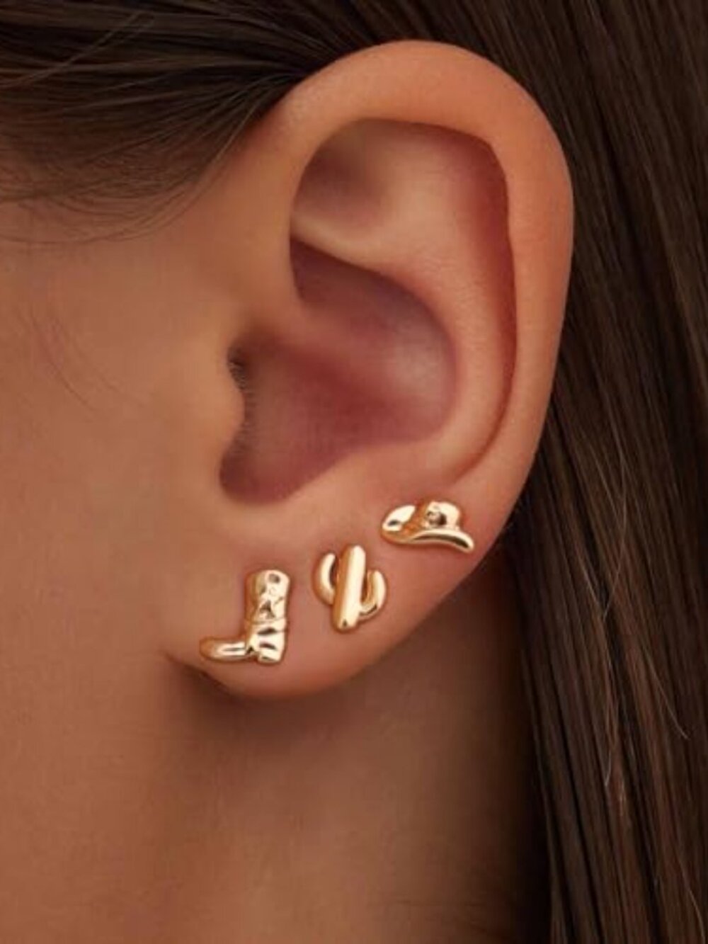 Small Western Ears for Women Trendy Hat Boots Cactus Studs 3 Pairs
